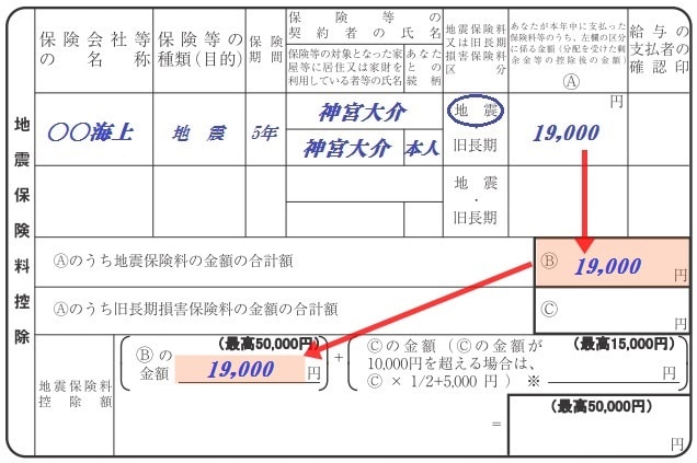 平成30年分給与所得者の保険控除申告書 地震保険控除 欄の書き方